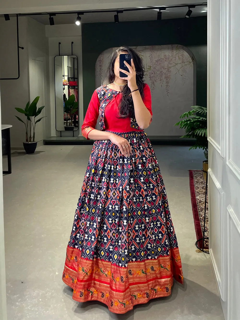 Navy blue Color Patola Paithani Printed And Foil Printed Silk Gown