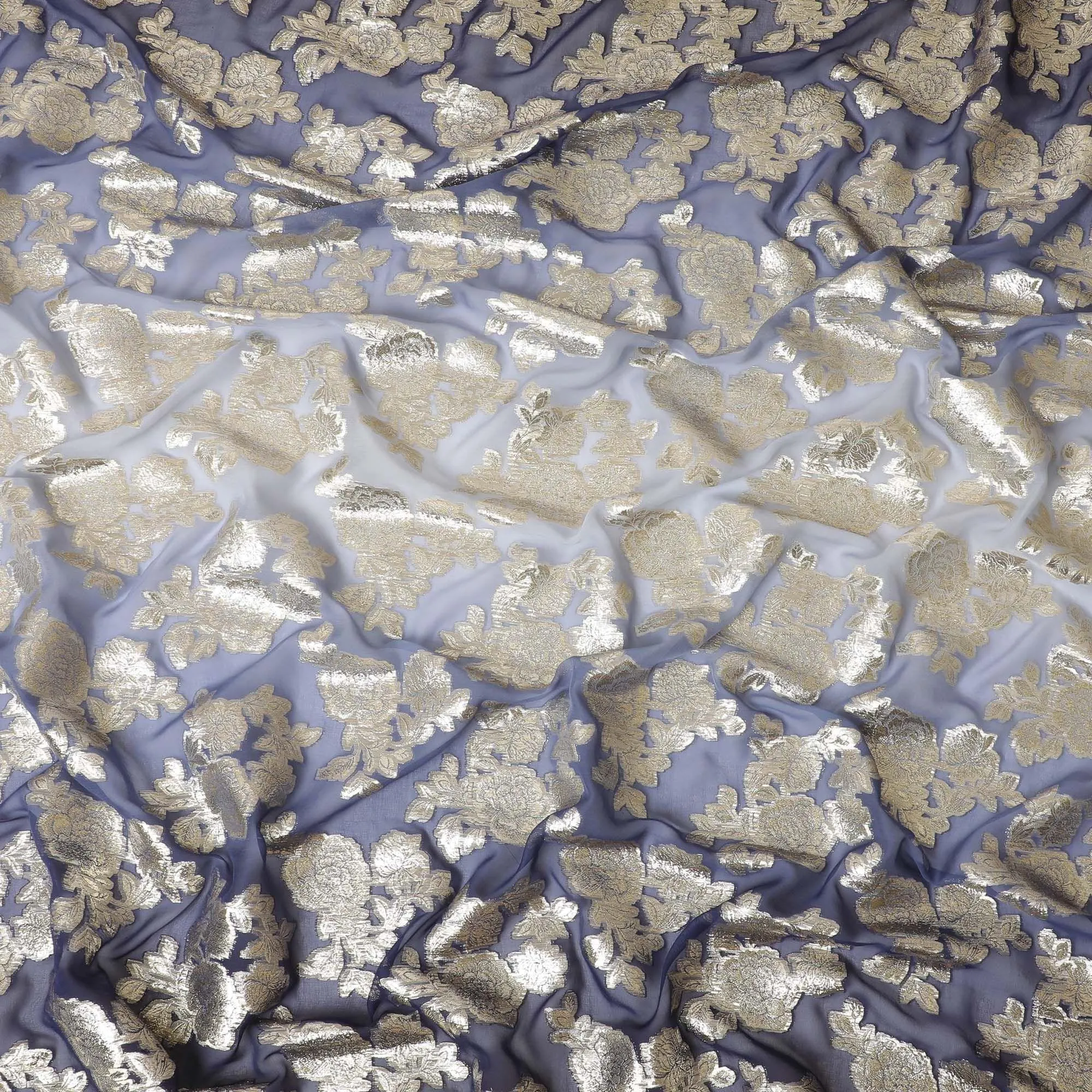 Navy blue to light blue premium pure silk chiffon fabric with  gold metallic lurex in floral design-D10617