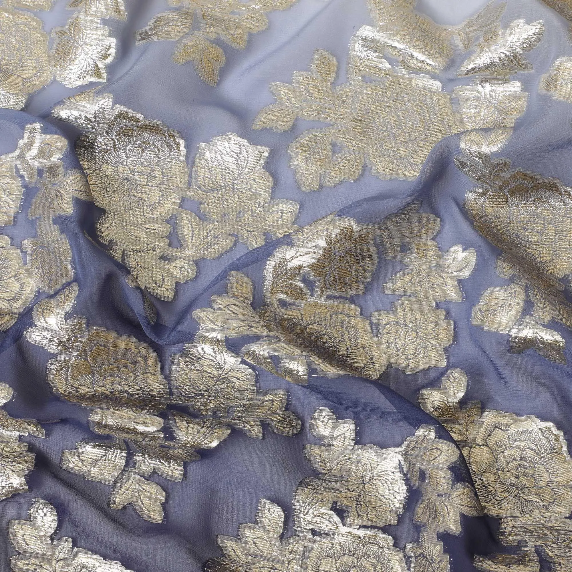 Navy blue to light blue premium pure silk chiffon fabric with  gold metallic lurex in floral design-D10617