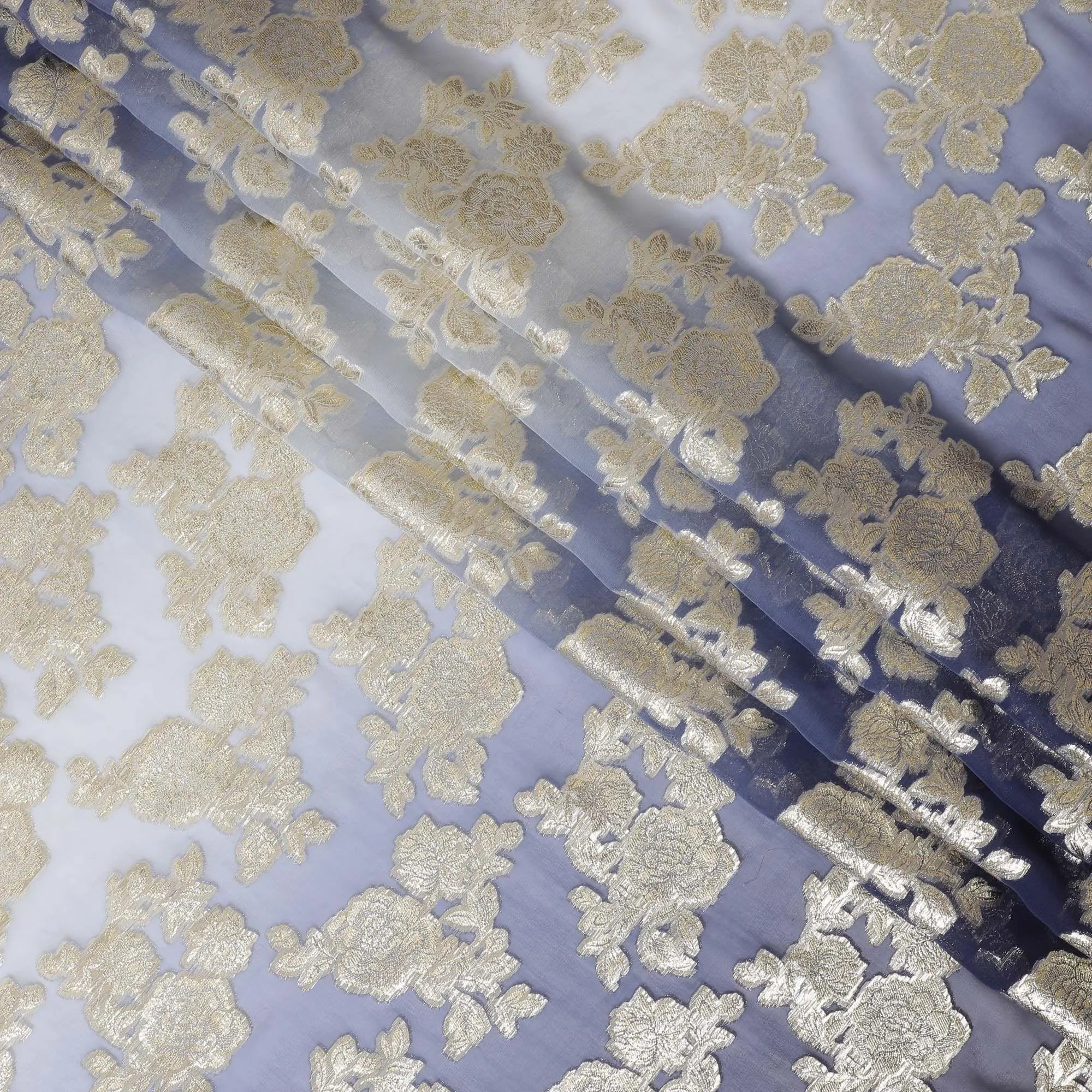 Navy blue to light blue premium pure silk chiffon fabric with  gold metallic lurex in floral design-D10617