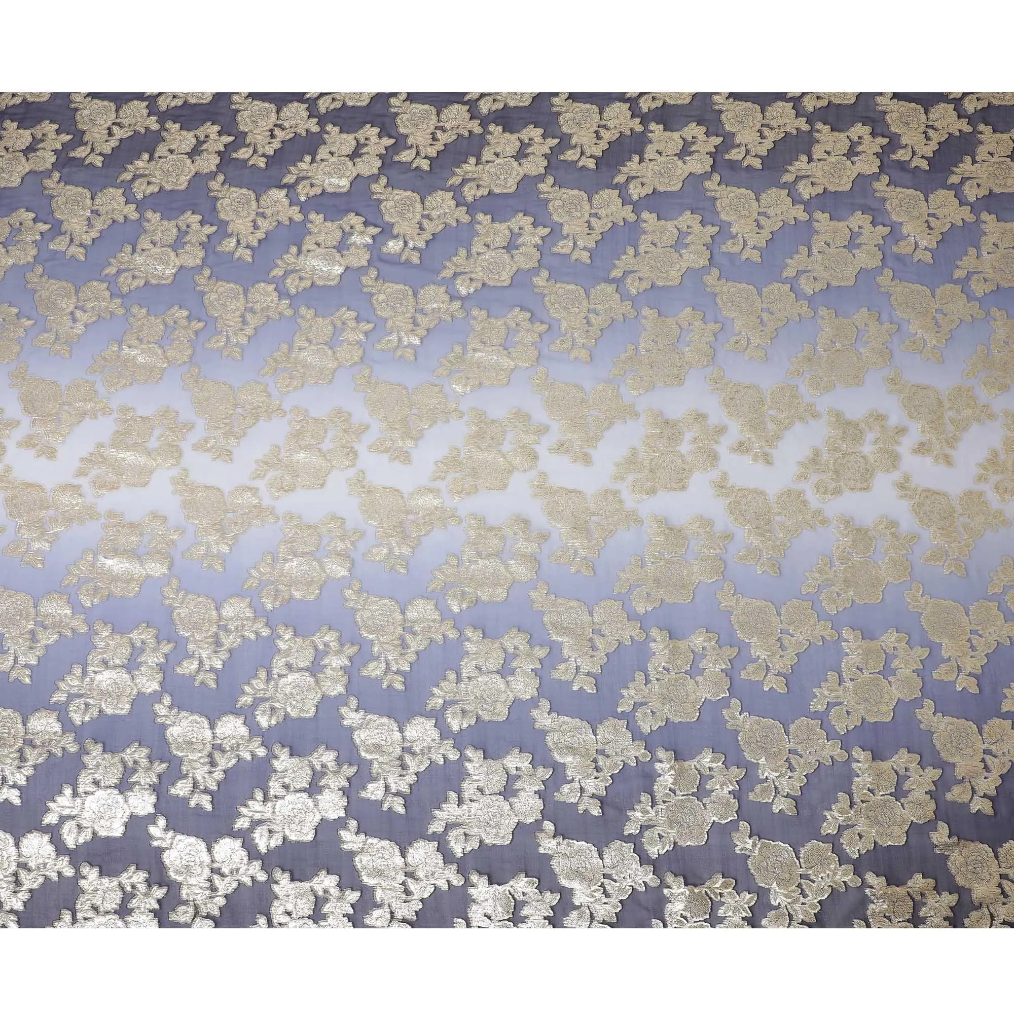 Navy blue to light blue premium pure silk chiffon fabric with  gold metallic lurex in floral design-D10617
