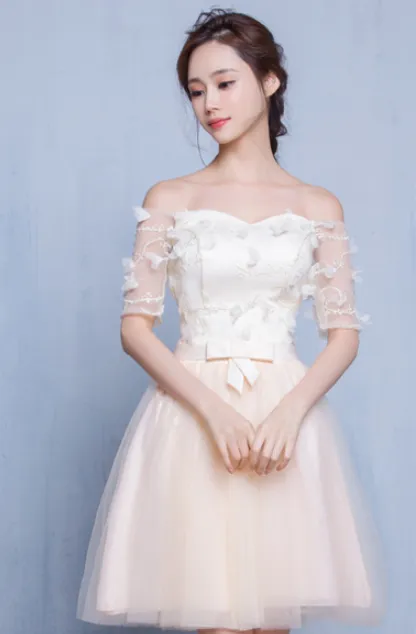 Off Shoulder Half Sleeves Flowers Short Pleated Party Bridesmaid Dress