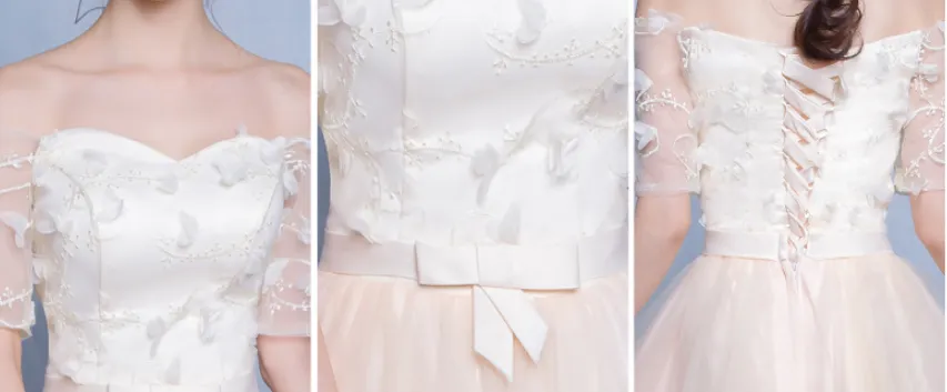 Off Shoulder Half Sleeves Flowers Short Pleated Party Bridesmaid Dress
