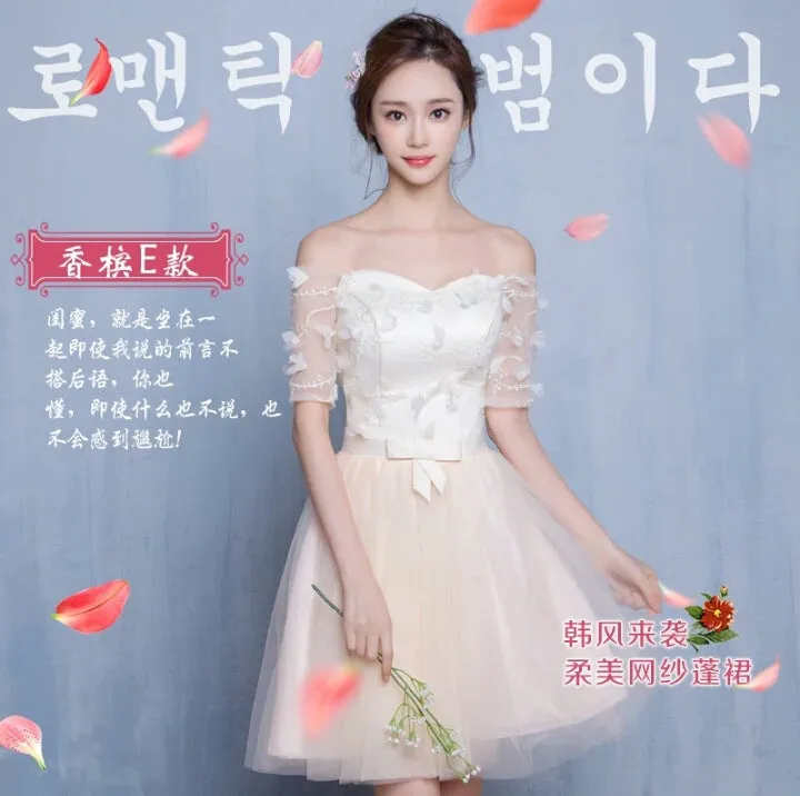 Off Shoulder Half Sleeves Flowers Short Pleated Party Bridesmaid Dress