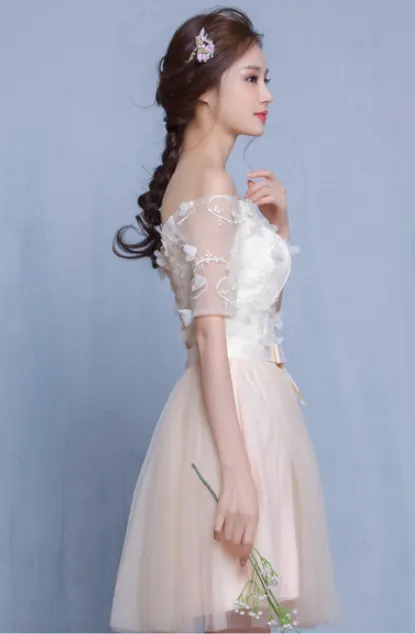 Off Shoulder Half Sleeves Flowers Short Pleated Party Bridesmaid Dress
