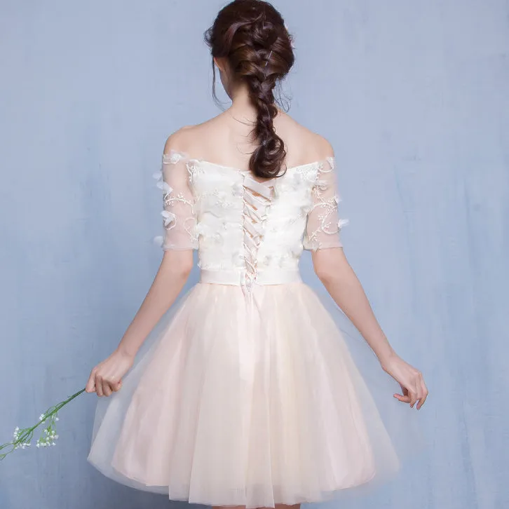 Off Shoulder Half Sleeves Flowers Short Pleated Party Bridesmaid Dress