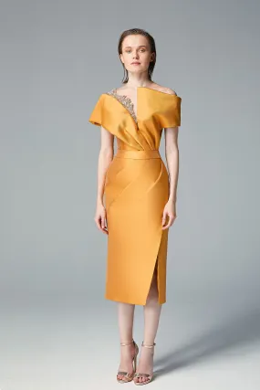 Off-shoulder Midi Dress & Draped Plunging Neck with Swarovski Embroidery