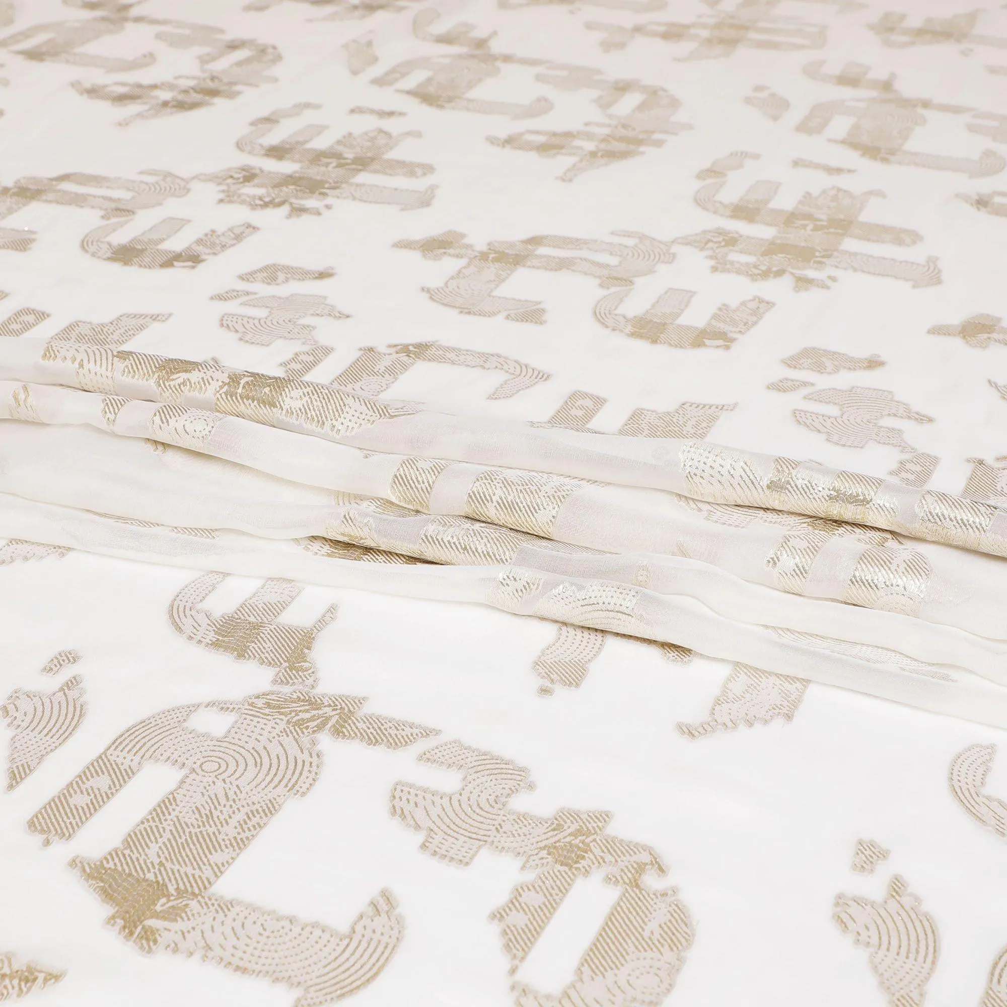 Off white pure silk chiffon fabric with gold  metallic lurex in fancy design-D7464
