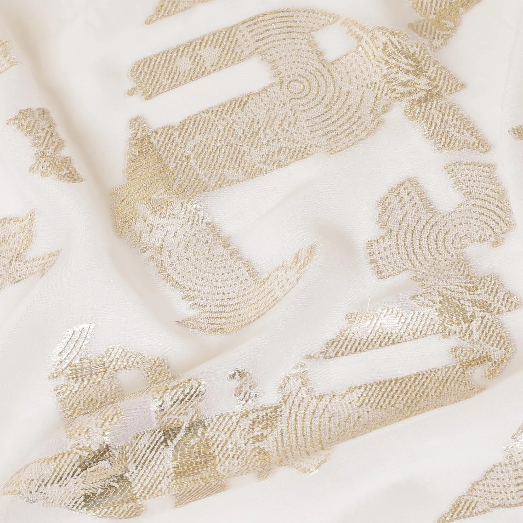 Off white pure silk chiffon fabric with gold  metallic lurex in fancy design-D7464
