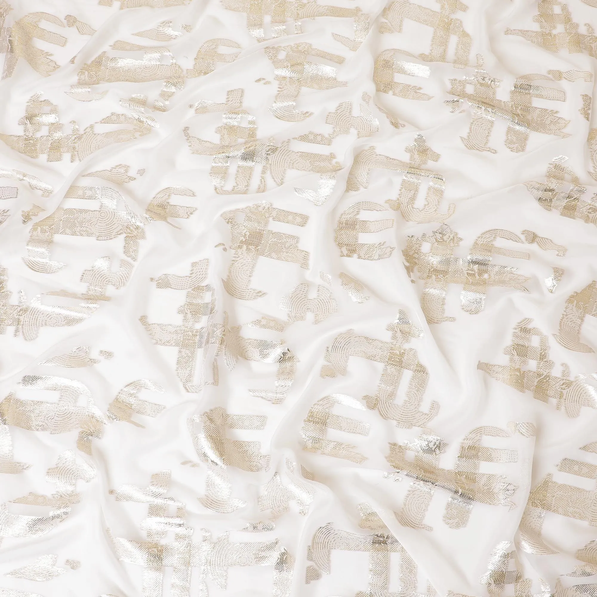 Off white pure silk chiffon fabric with gold  metallic lurex in fancy design-D7464