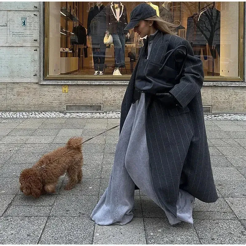 Oversized chic long pinstripe trench coat long coat fall autumn coat