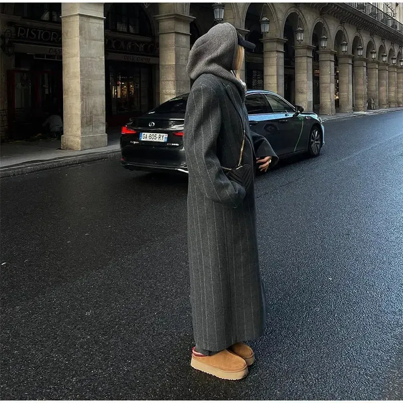 Oversized chic long pinstripe trench coat long coat fall autumn coat