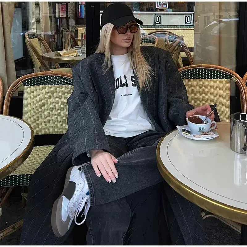 Oversized chic long pinstripe trench coat long coat fall autumn coat