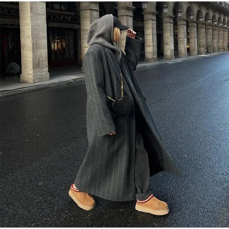 Oversized chic long pinstripe trench coat long coat fall autumn coat