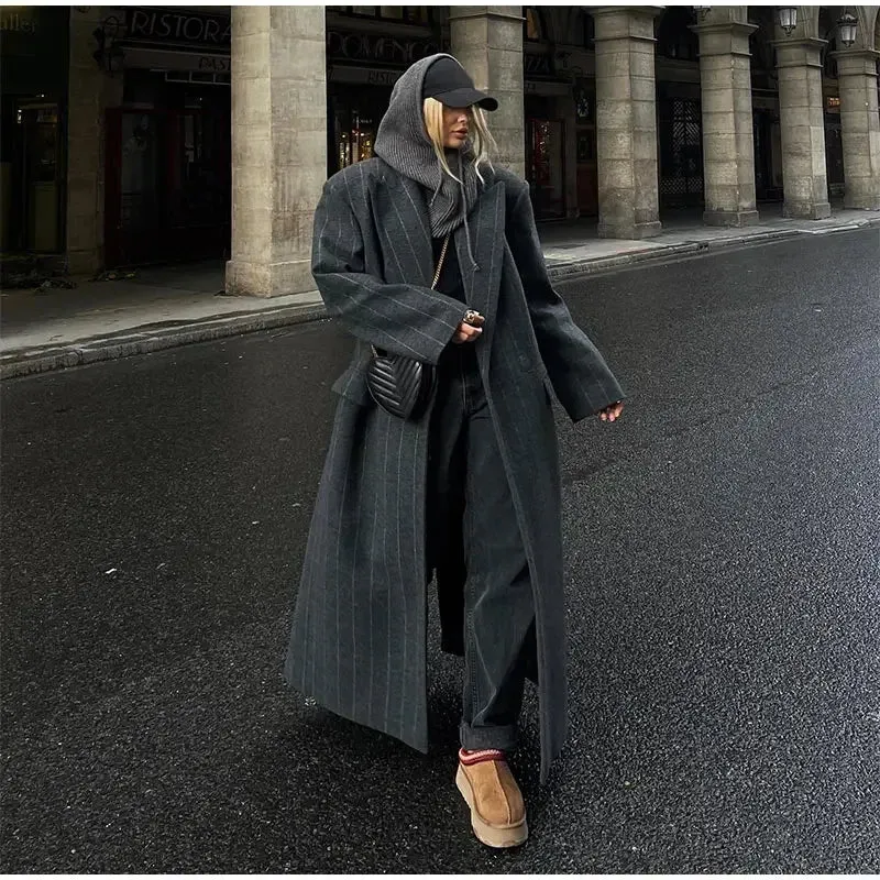Oversized chic long pinstripe trench coat long coat fall autumn coat