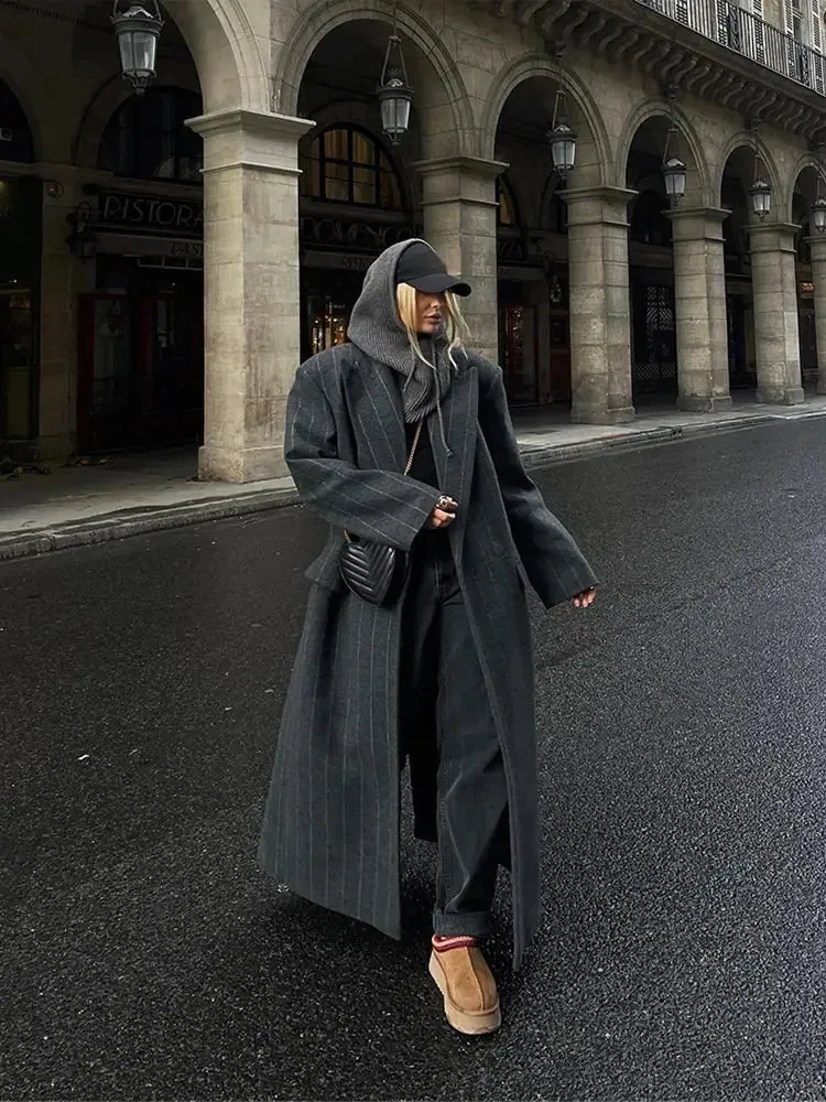 Oversized chic long pinstripe trench coat long coat fall autumn coat