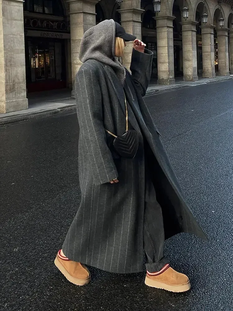 Oversized chic long pinstripe trench coat long coat fall autumn coat