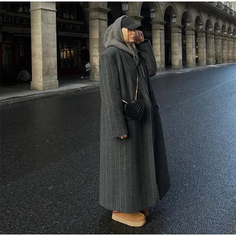 Oversized chic long pinstripe trench coat long coat fall autumn coat