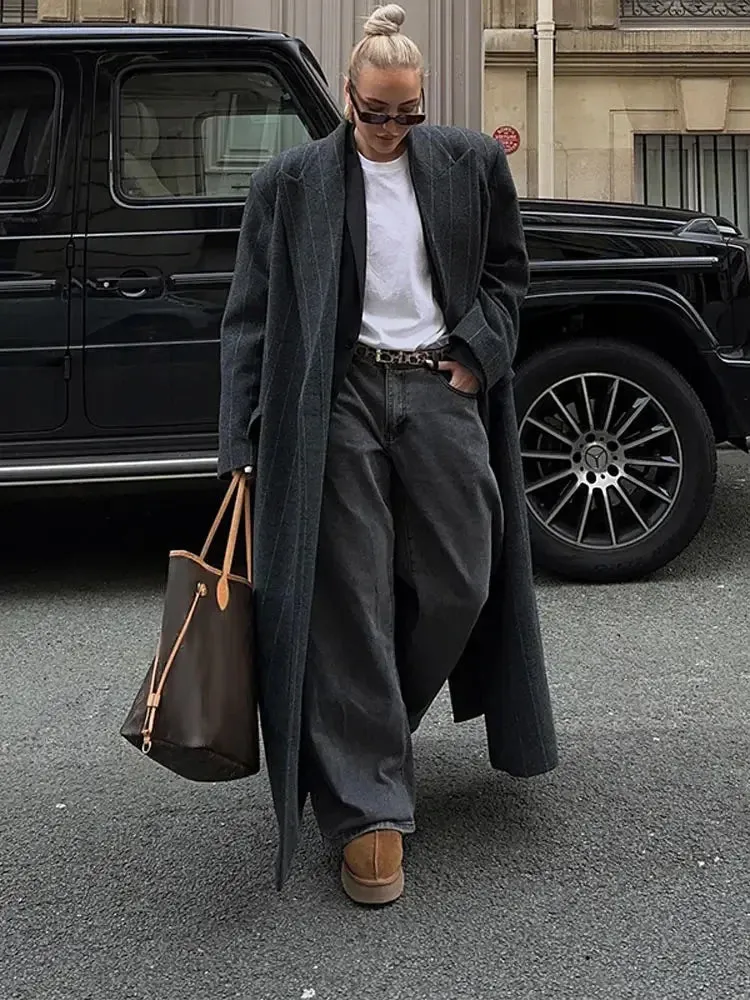 Oversized chic long pinstripe trench coat long coat fall autumn coat