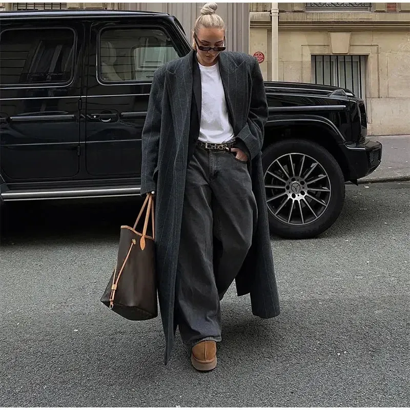 Oversized chic long pinstripe trench coat long coat fall autumn coat