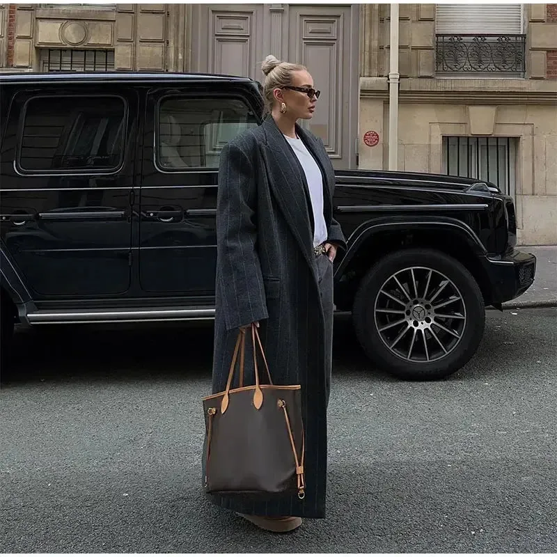 Oversized chic long pinstripe trench coat long coat fall autumn coat
