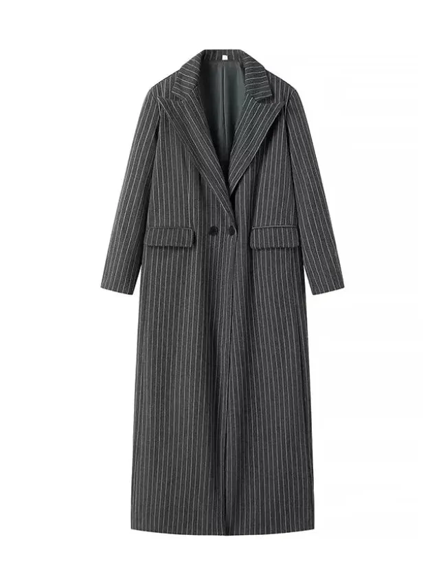Oversized chic long pinstripe trench coat long coat fall autumn coat