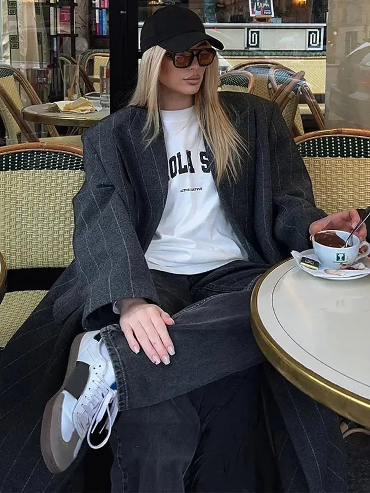 Oversized chic long pinstripe trench coat long coat fall autumn coat