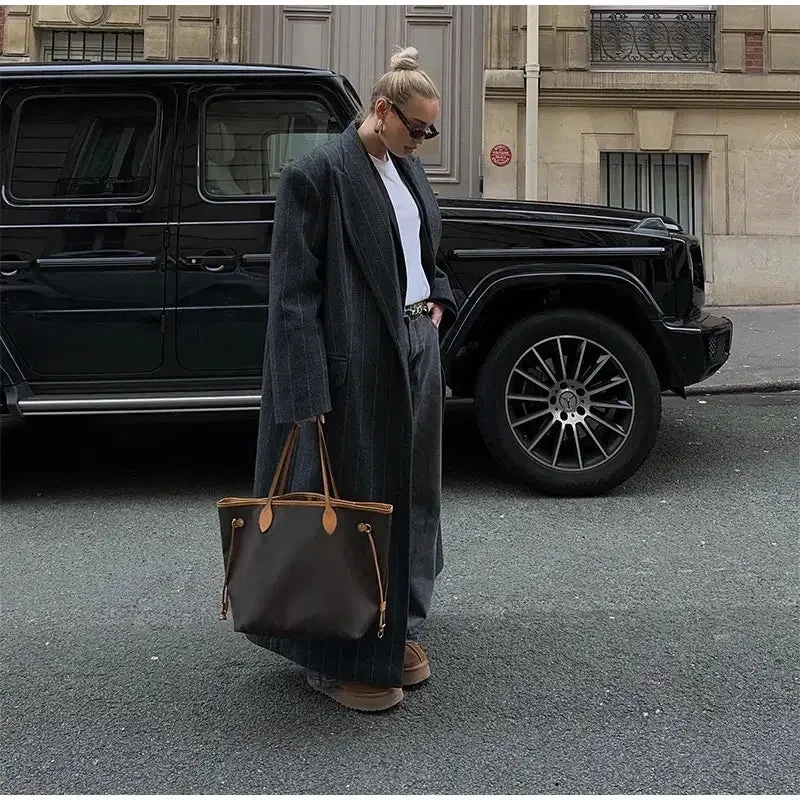 Oversized chic long pinstripe trench coat long coat fall autumn coat