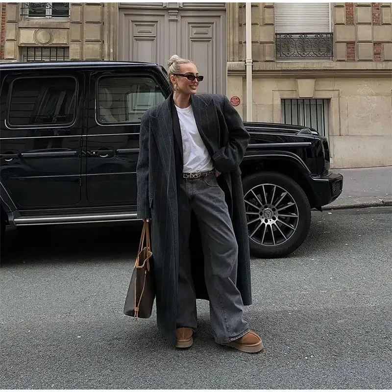 Oversized chic long pinstripe trench coat long coat fall autumn coat