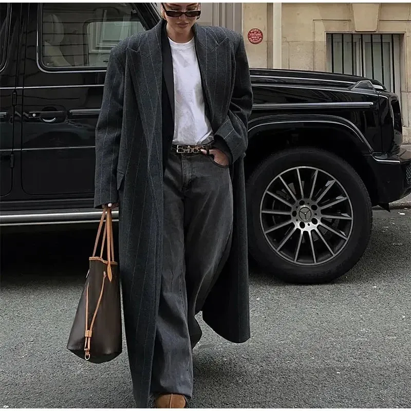 Oversized chic long pinstripe trench coat long coat fall autumn coat