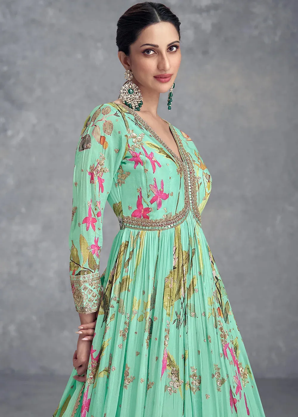 Pale Teal Pure Chinon Printed Mirror Handworked Designer Gown