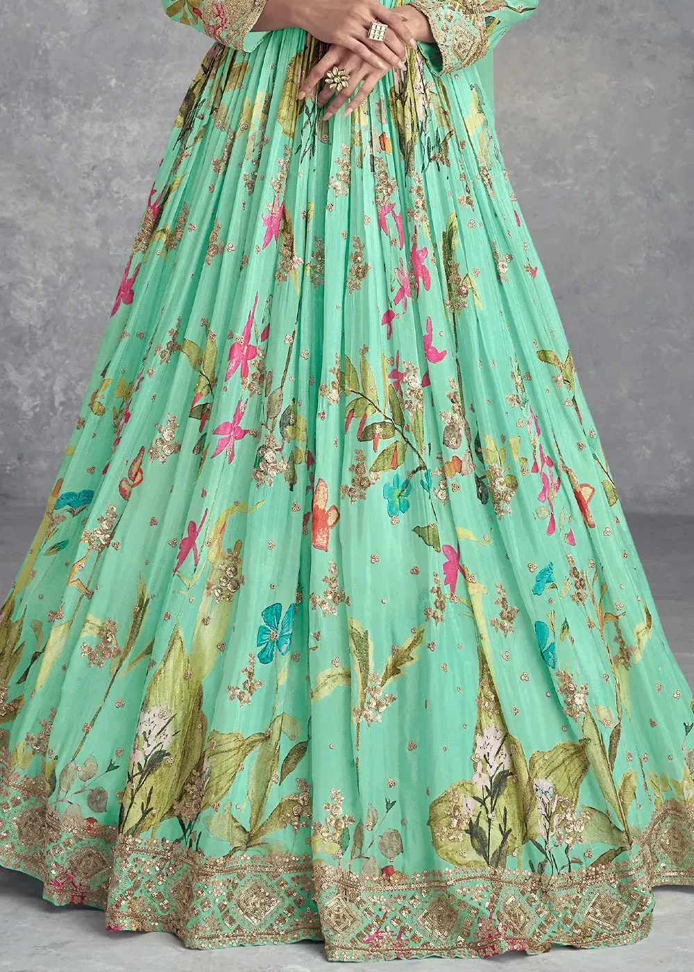 Pale Teal Pure Chinon Printed Mirror Handworked Designer Gown