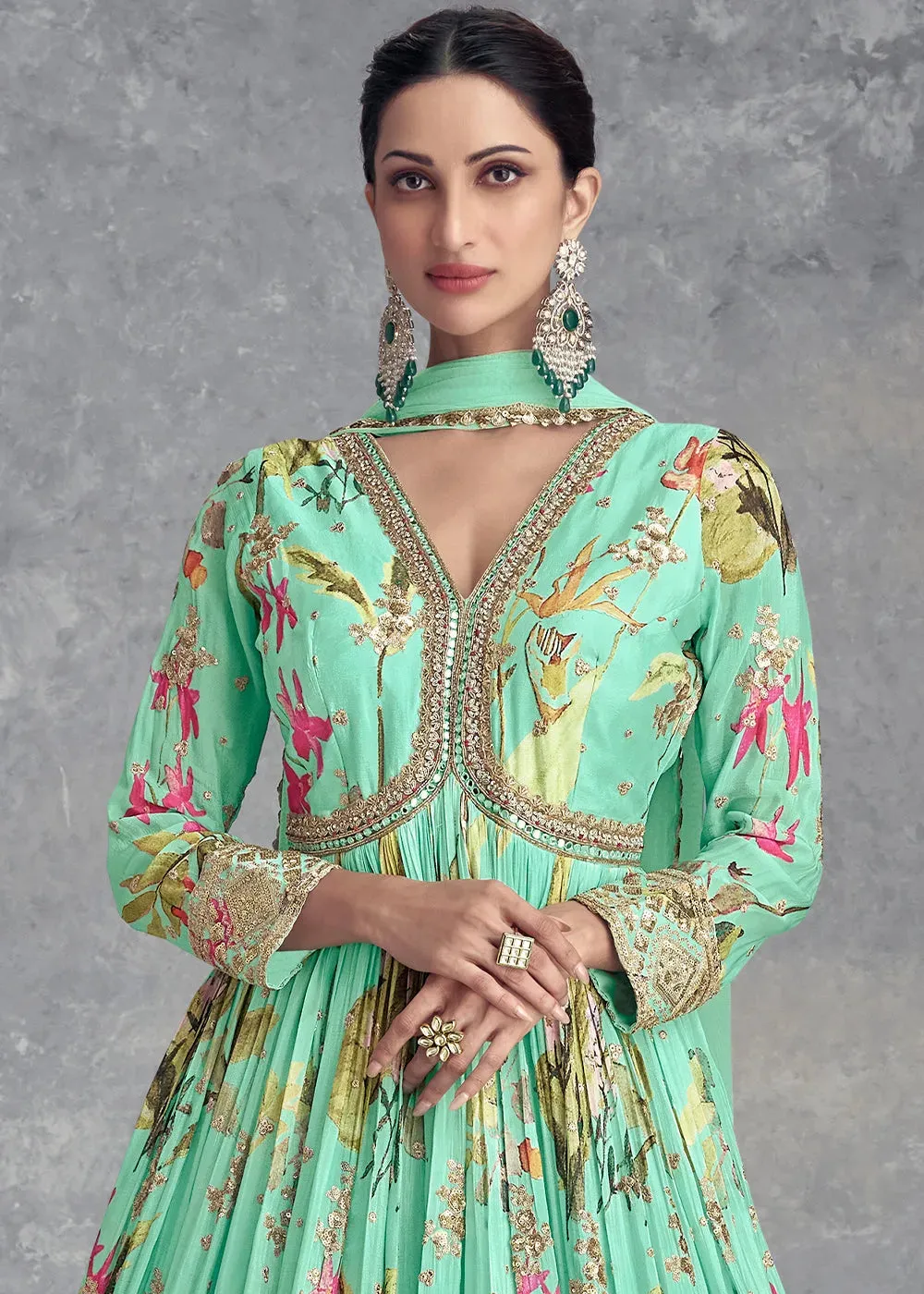 Pale Teal Pure Chinon Printed Mirror Handworked Designer Gown