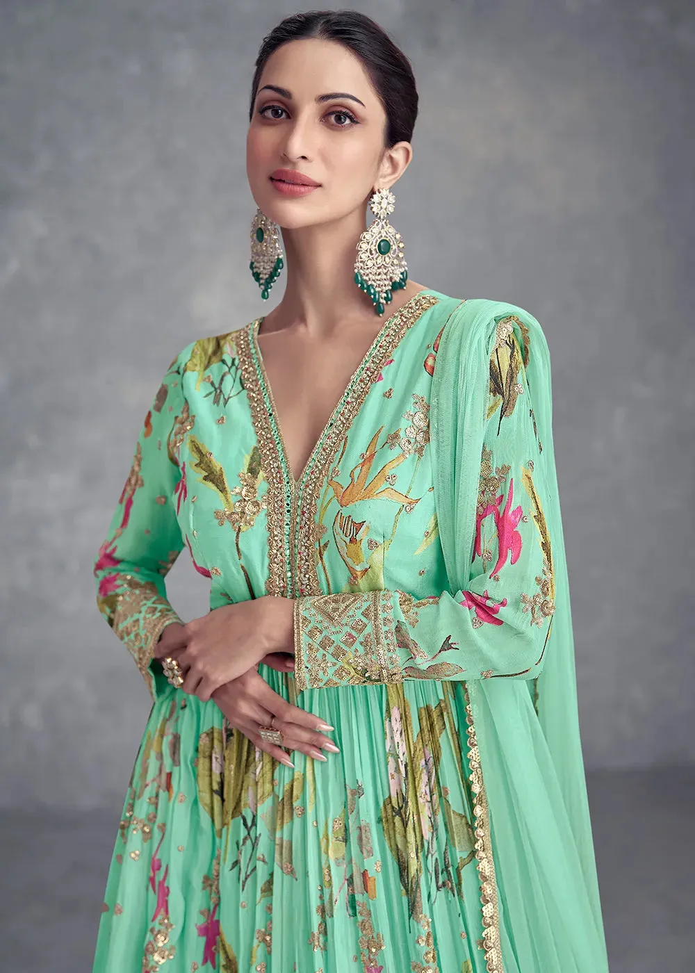 Pale Teal Pure Chinon Printed Mirror Handworked Designer Gown