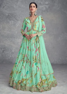 Pale Teal Pure Chinon Printed Mirror Handworked Designer Gown