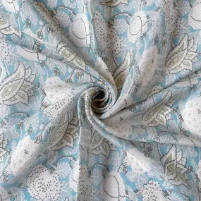 Pastel Blue and White Abstract Vintage Floral Digital Printed Pure Crepe Fabric (Width 43 Inches)