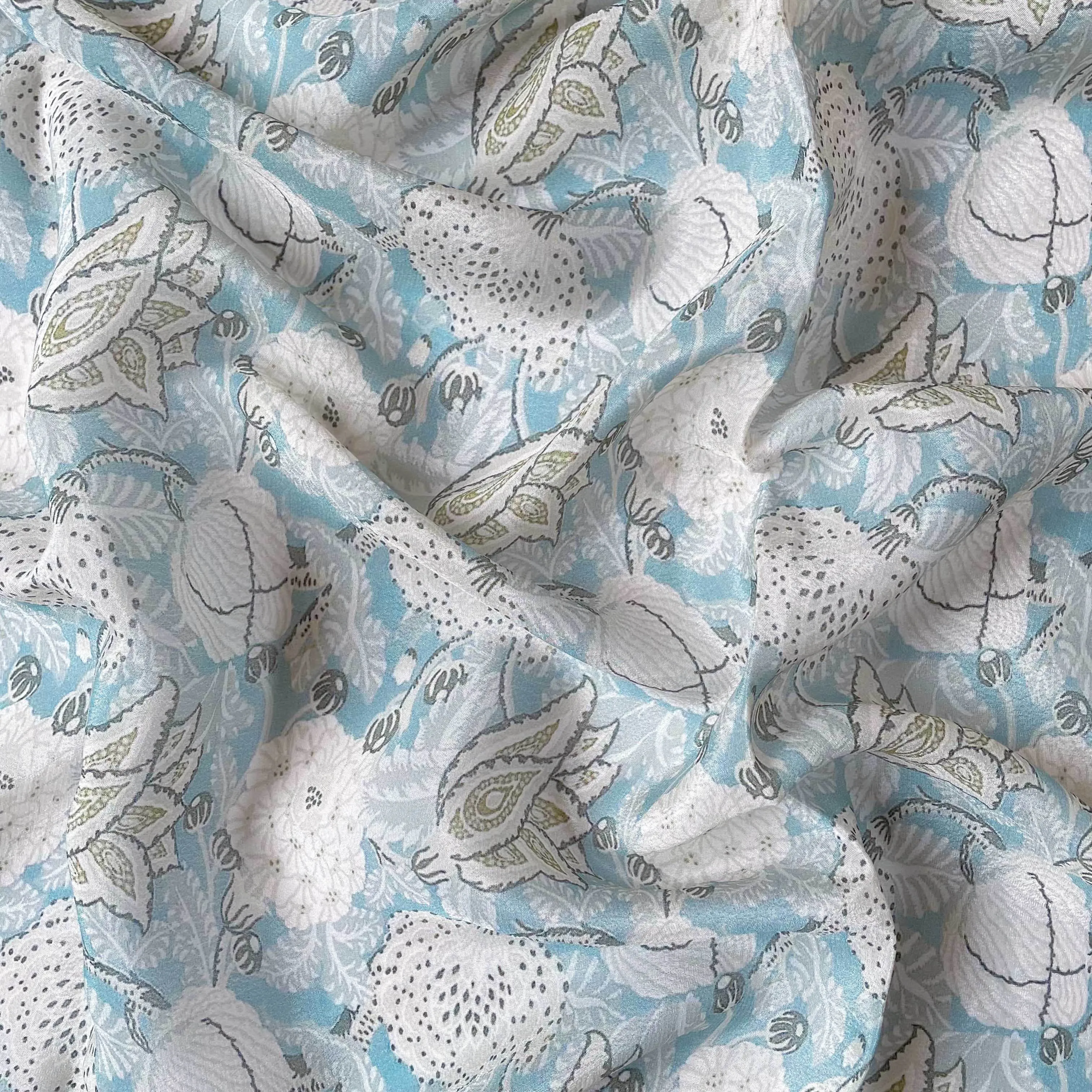 Pastel Blue and White Abstract Vintage Floral Digital Printed Pure Crepe Fabric (Width 43 Inches)