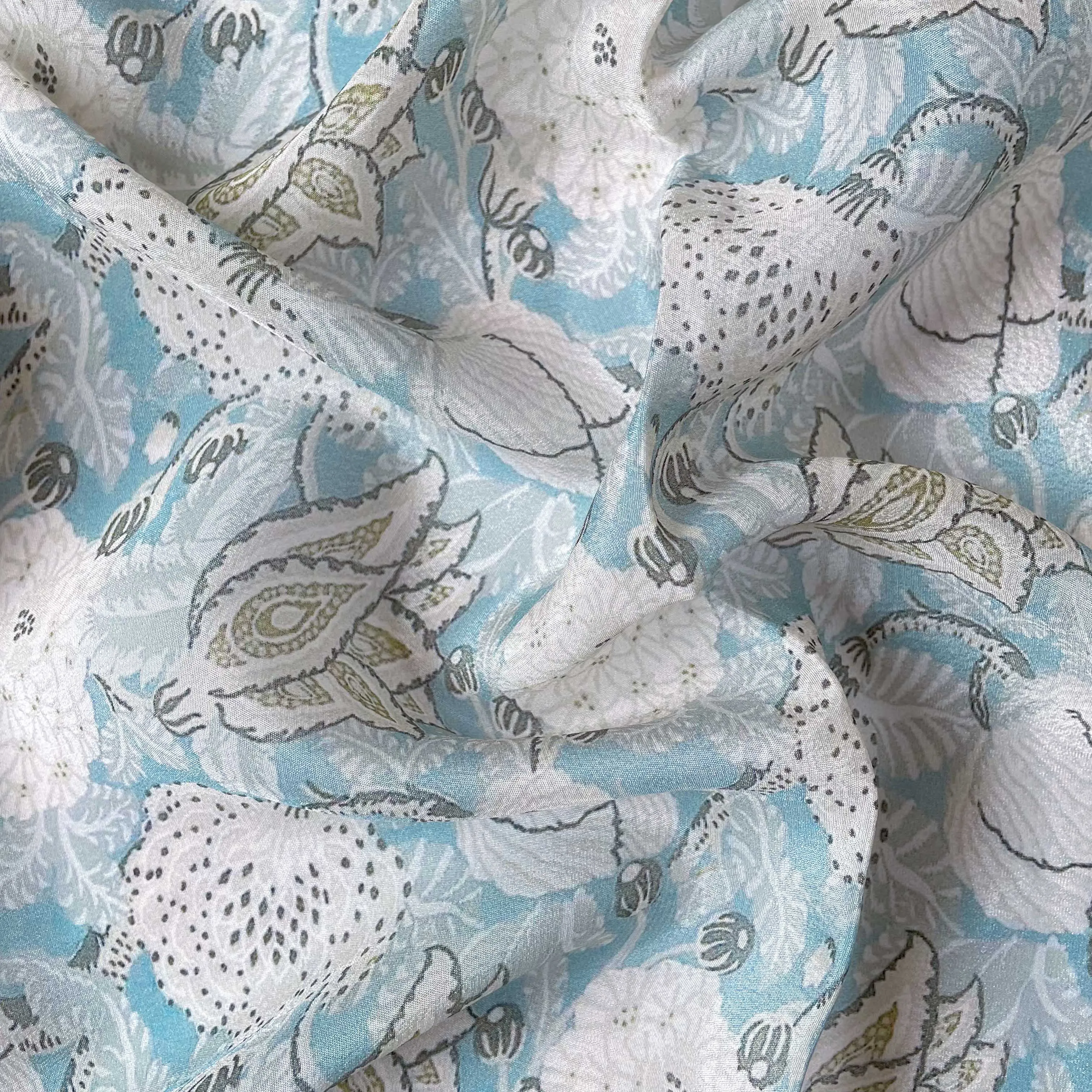 Pastel Blue and White Abstract Vintage Floral Digital Printed Pure Crepe Fabric (Width 43 Inches)