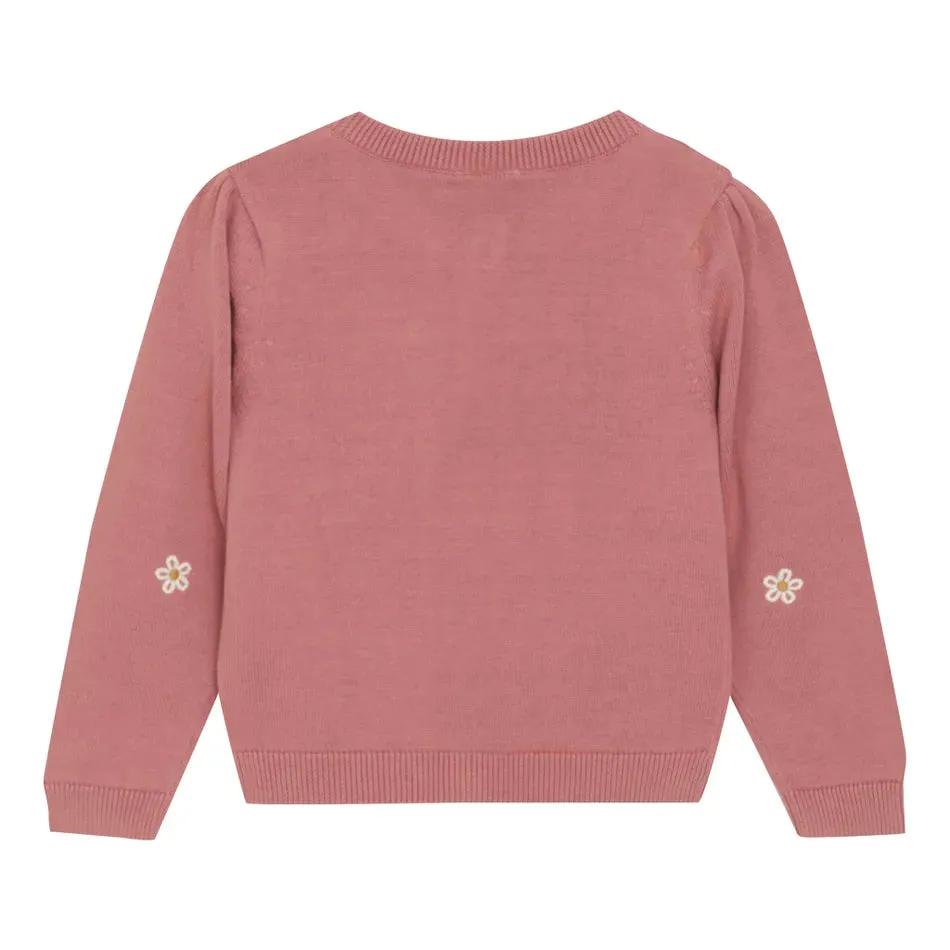 Pink Knit Girls Cardigan with Embroidered Flowers -Minymo
