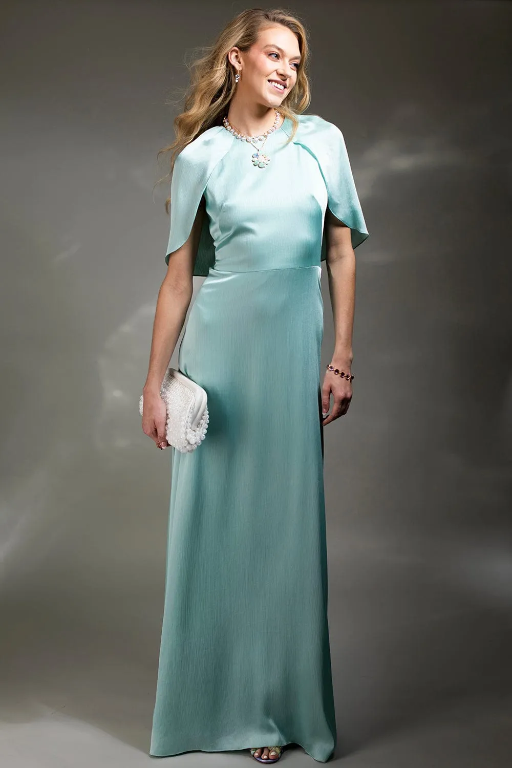 Plisse Chiffon Capelet Gown