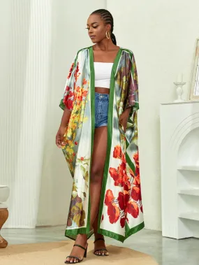 Plus Size Elegant Kimono, Women's Plus Solid Satin Half Sleeve Open Front Belted Kimono Cover Up