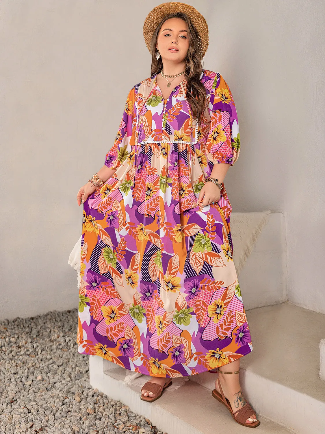 Plus Size Floral Print Tie-Neck Maxi Dress