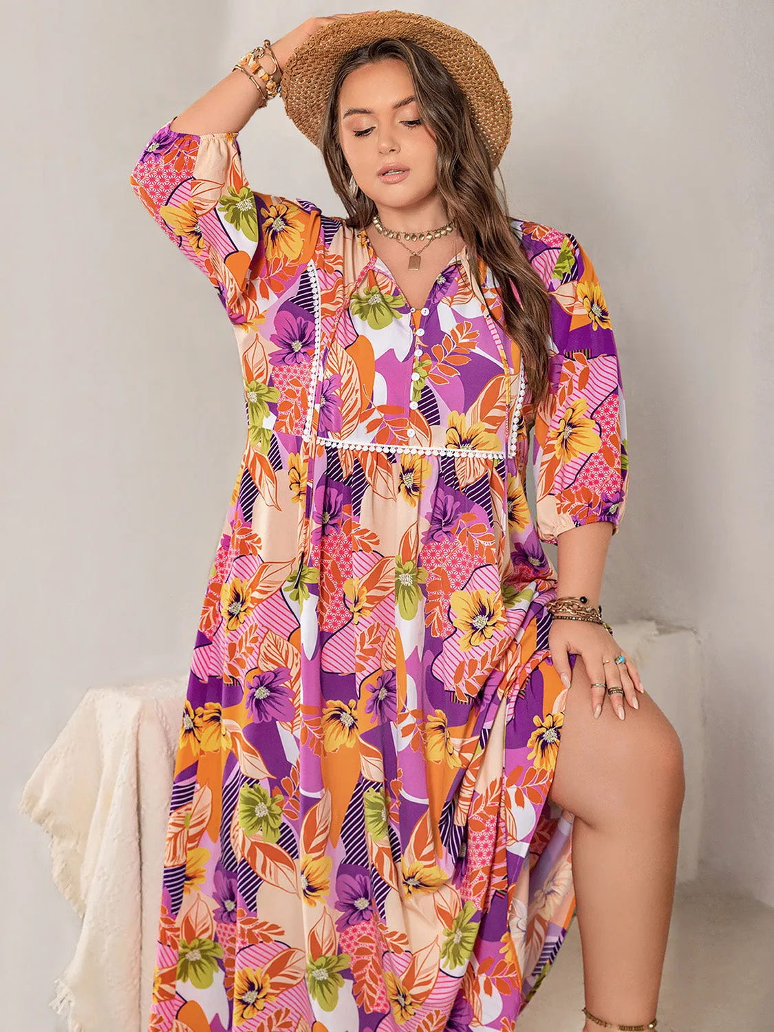 Plus Size Floral Print Tie-Neck Maxi Dress