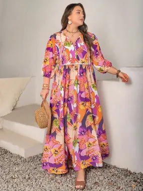 Plus Size Floral Print Tie-Neck Maxi Dress