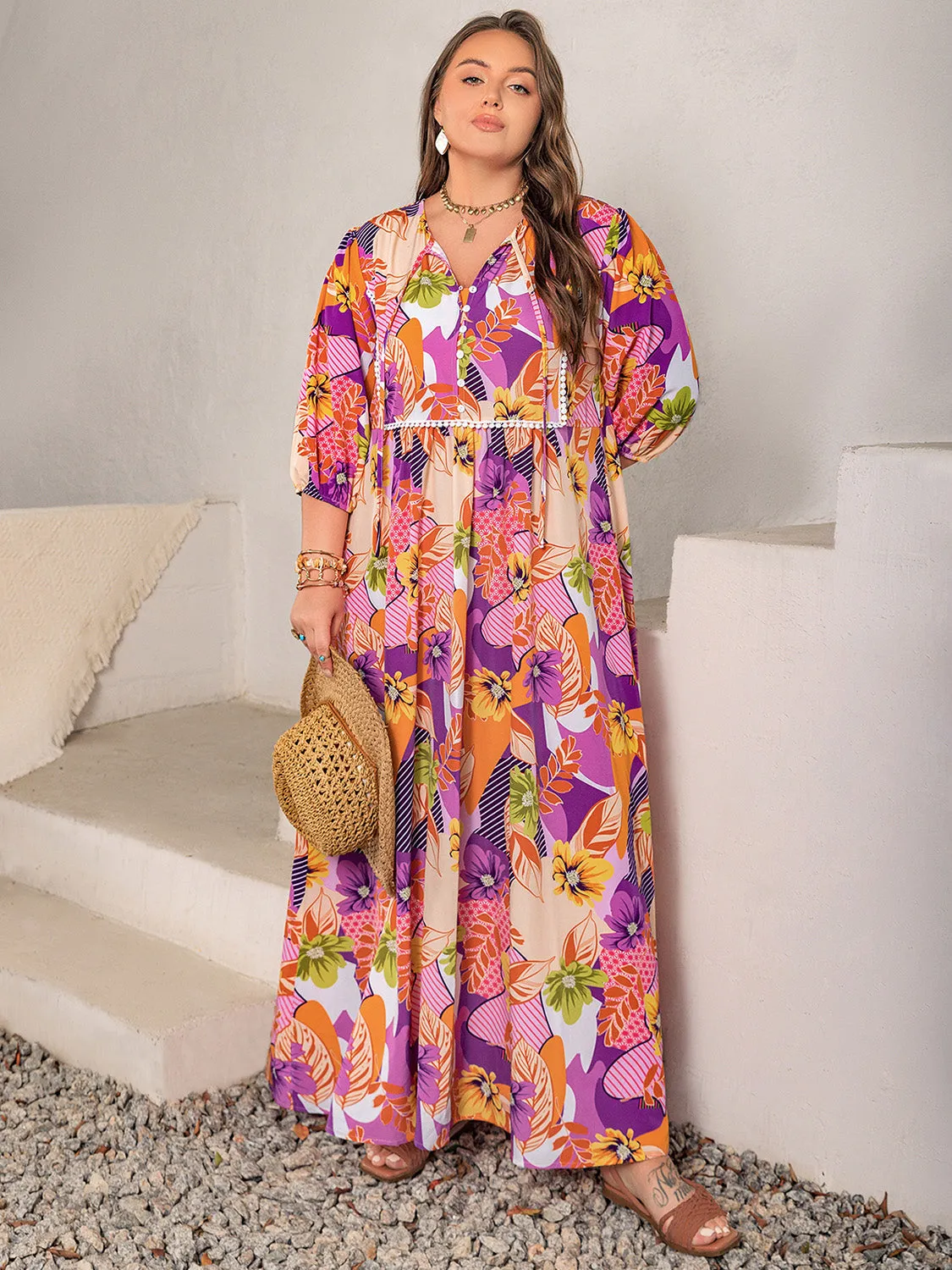 Plus Size Floral Print Tie-Neck Maxi Dress