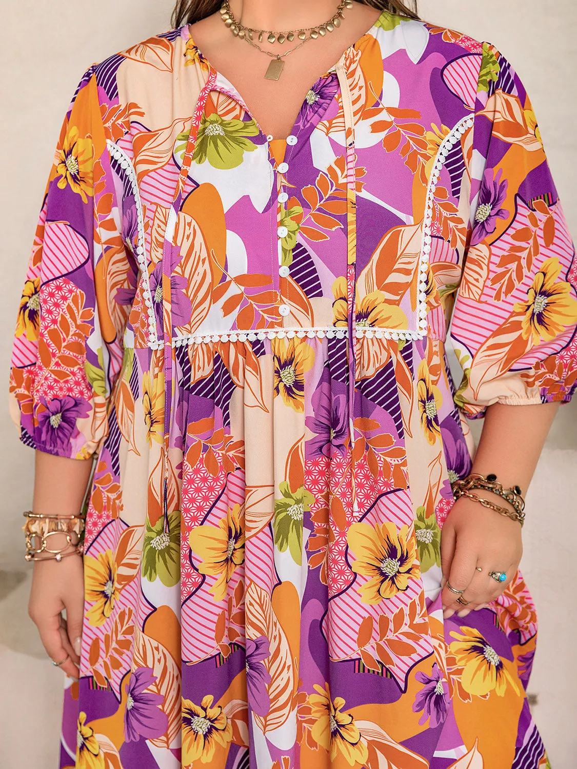 Plus Size Floral Print Tie-Neck Maxi Dress