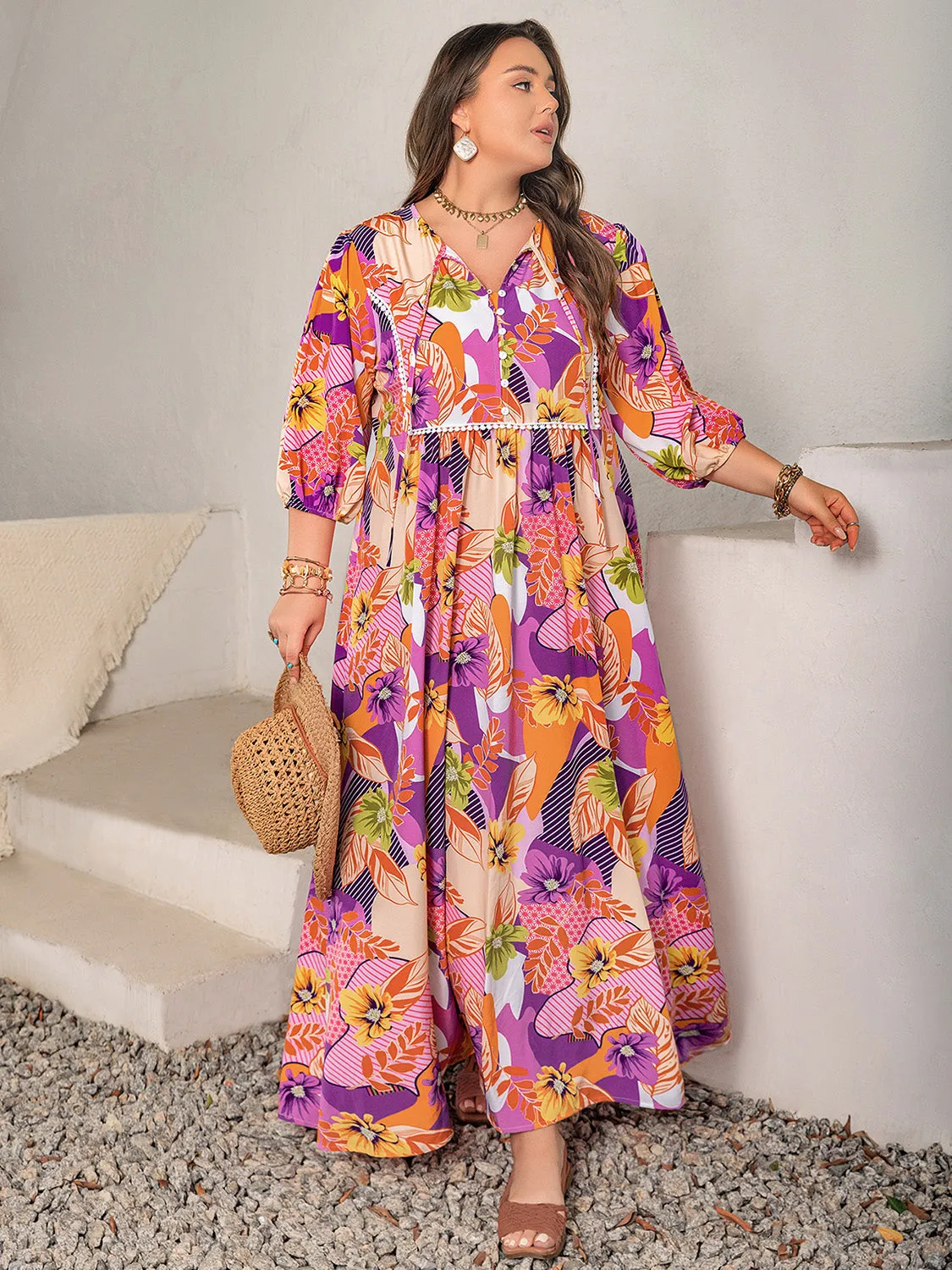 Plus Size Floral Print Tie-Neck Maxi Dress