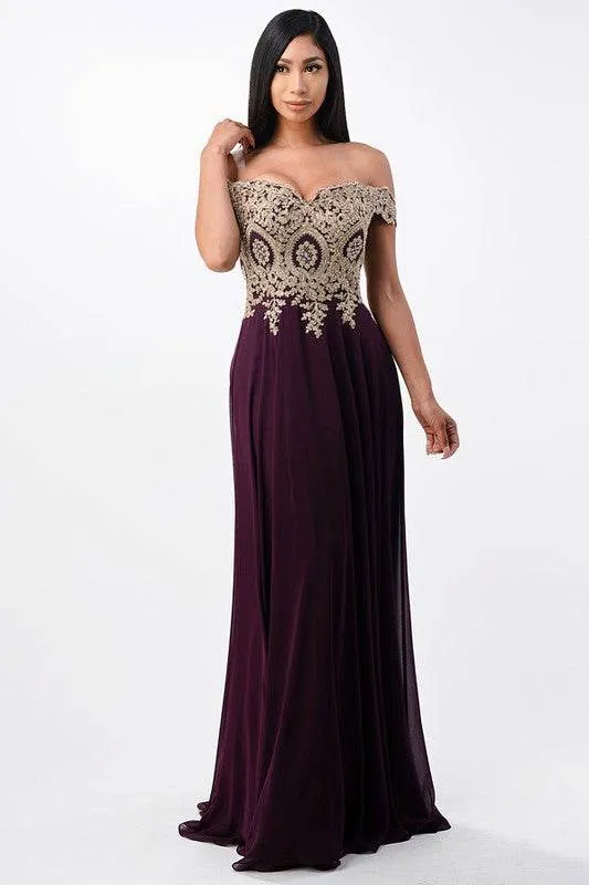 Plus Size Off Shoulder Chiffon Gown with Gold Lace
