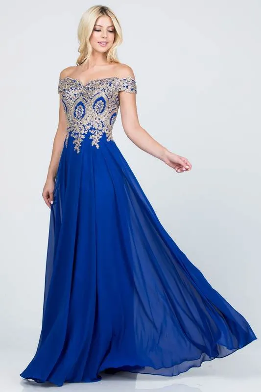 Plus Size Off Shoulder Chiffon Gown with Gold Lace