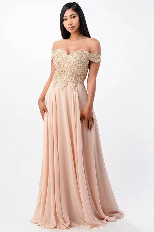 Plus Size Off Shoulder Chiffon Gown with Gold Lace